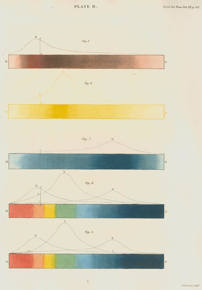 William Home Lizars - Das Rot-, Gelb- und Blau-Spektrum in Relation zum Spektrum des Sonnenlichts (1834)